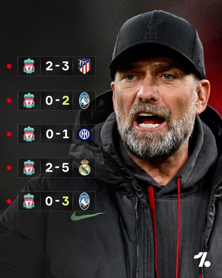 Jürgen Klopp has only lost FIVE of the 43 games he's managed with Liverpool in Europe. 😳 Atalanta have beaten them twice 😵🇮🇹